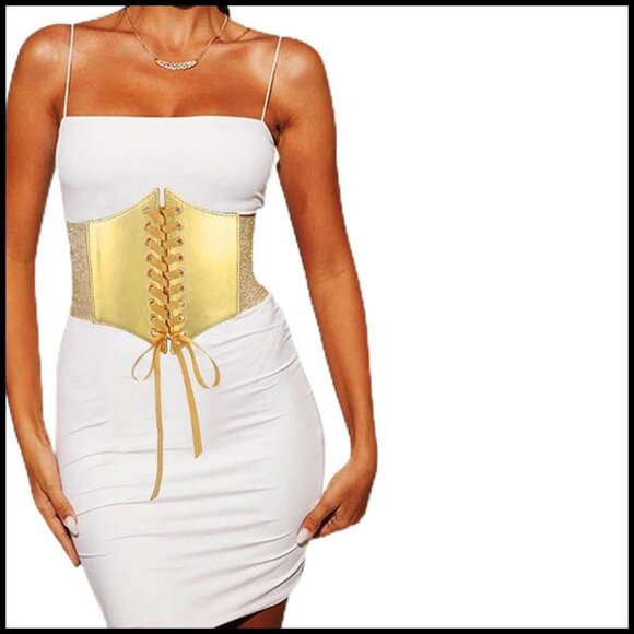 Gold Lace-Up Corset Belt Wide Elastic Waist Renaissance Costume Accessory
